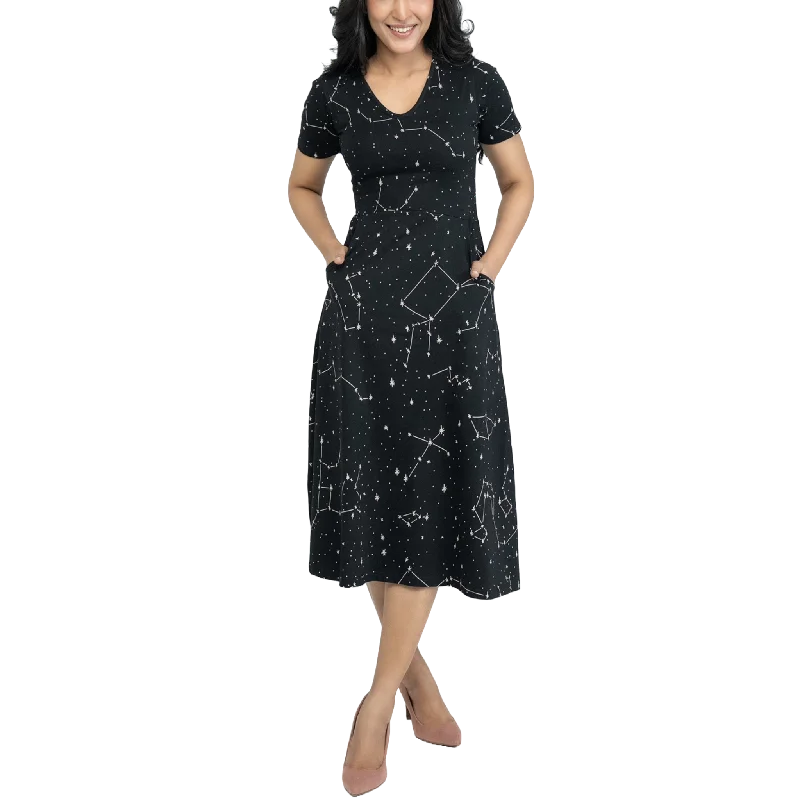 Constellations Glow-in-the-dark Short Sleeve Long Midi Dress (With Waist Seam)Printed Dress