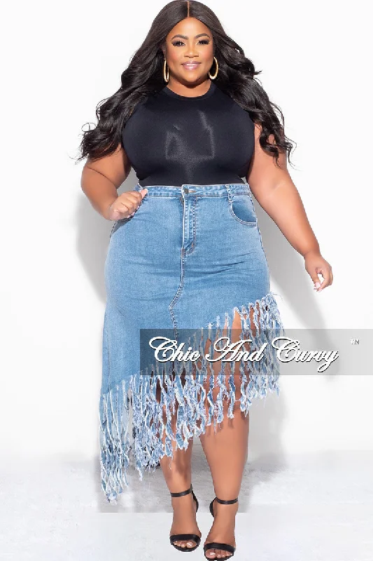 Large women's windproof topsFinal Sale Plus Size Fringe Asymmetric Skirt in Denim