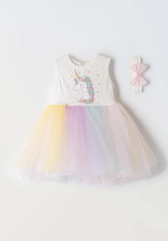 Ebita Girls Unicorn Sleeveless Tulle Dress and Hairband Set, MultiT-shirt Dress