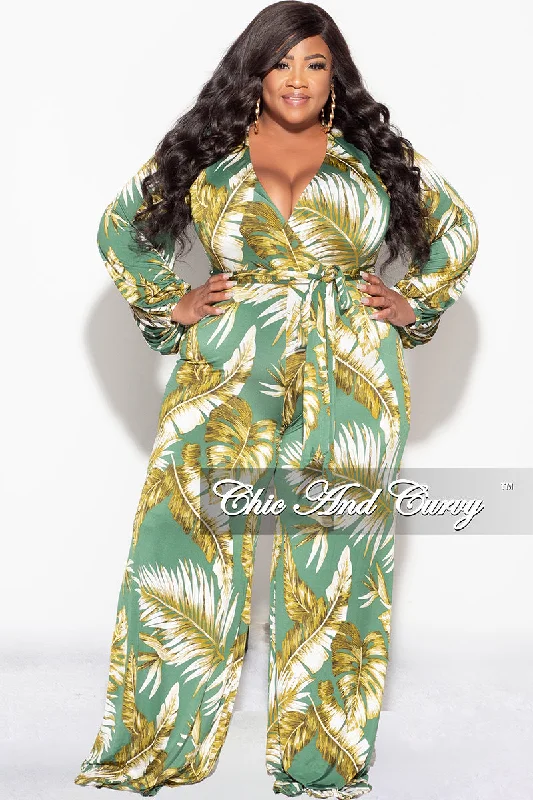 Large women's loose topsFinal Sale Plus Size Deep V Jumpsuit with Tie in Green Leaf Print