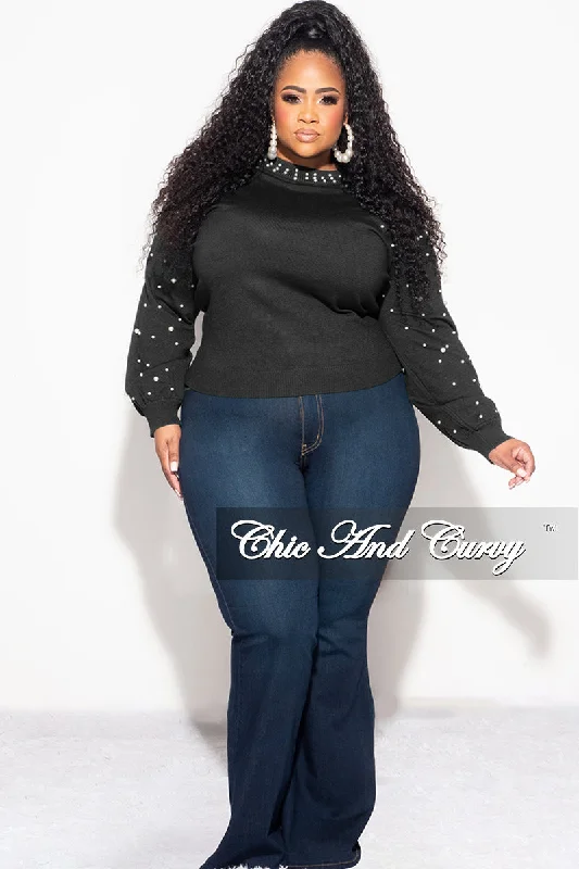 Plus size women's casual topsFinal Sale Plus Size Black Sweater with Pearl Detailed Sleeves