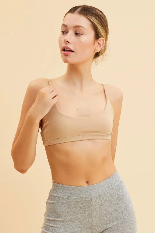 Soft-cup BraBeige Cotton Bralette Cotton Stretch Scoop Neck