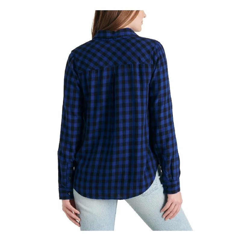 Air BraLucky Brand Women's Plaid Cuffed Collared Button Up Wear To Work Top Blue Size X-Small