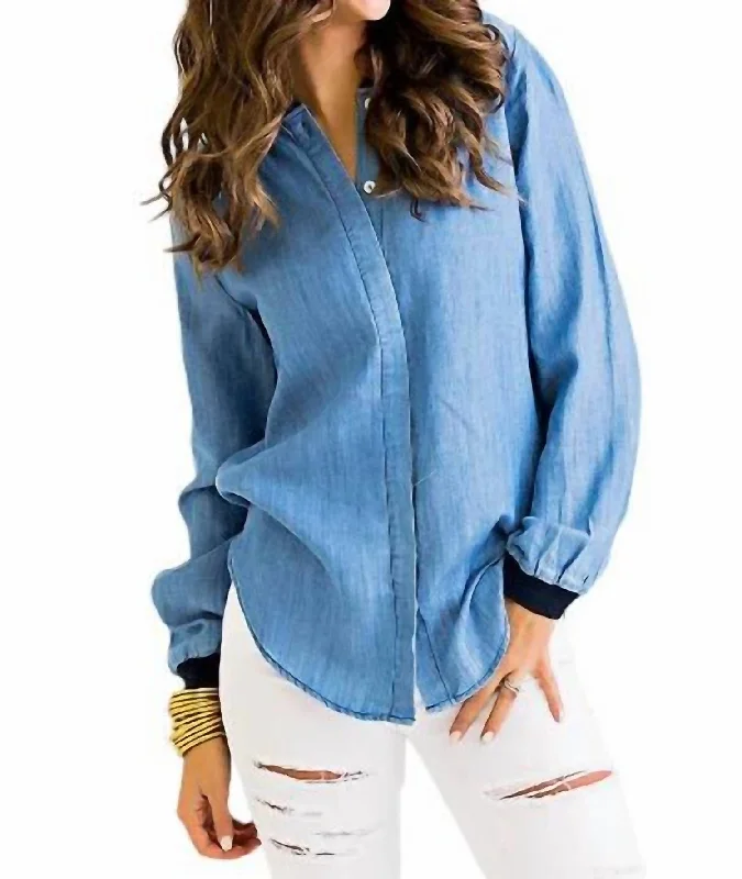 Rhinestone BraTencel Button Front Top In Chambray