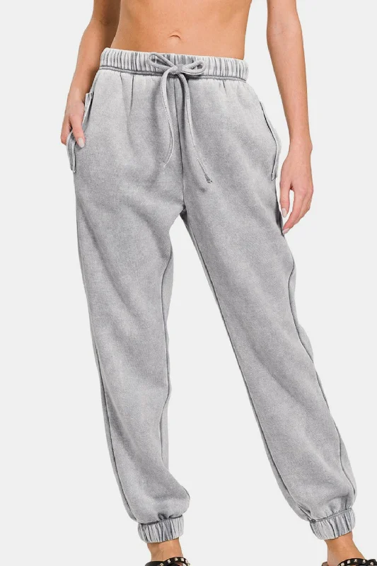 Pleated PantsZenana Acid Wash Fleece Drawstring Sweatpants with Pockets Sleet