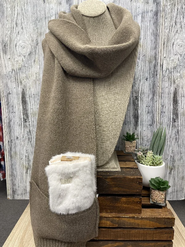 Knitted RibbedKnitted Blanket Scarf in Taupe, with Pocket