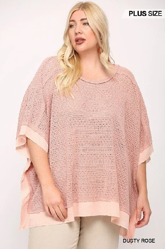 Knitted OversizedLight Knit And Woven Mixed Boxy Top With Poncho Sleeve