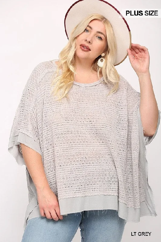 Knit Zip-UpLight Knit And Woven Mixed Boxy Top With Poncho Sleeve