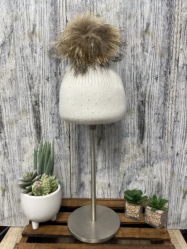 Knit LooseKnitted Hat, Removable Faux Fur Pom Pom  in White