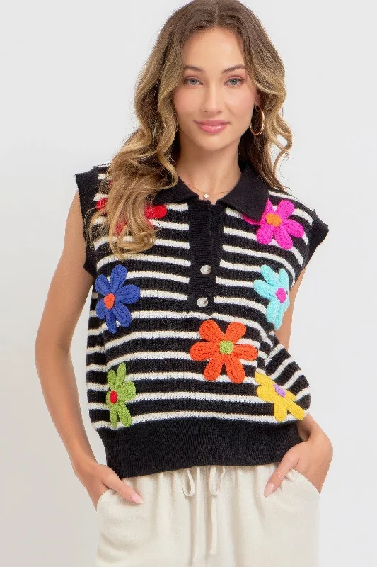 Knitted FittedFlower Patch Stripe Knit Top