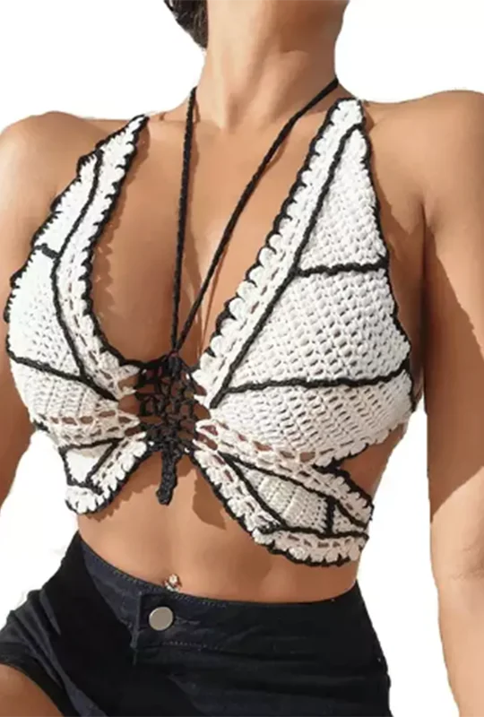 Knitted EmbroideredBlack and White Knit Halter Butterfly Top