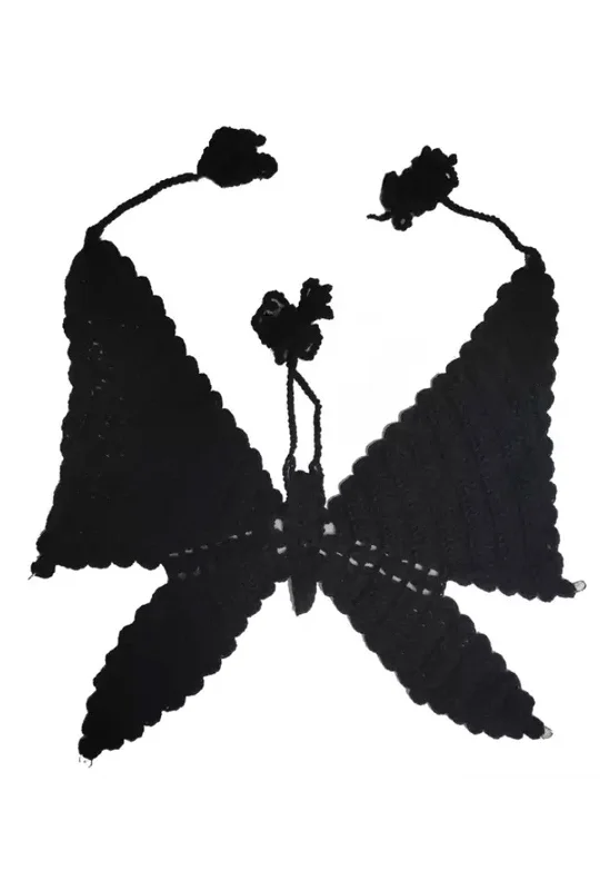 Knit EmbroideredBlack Knit Halter Butterfly Top