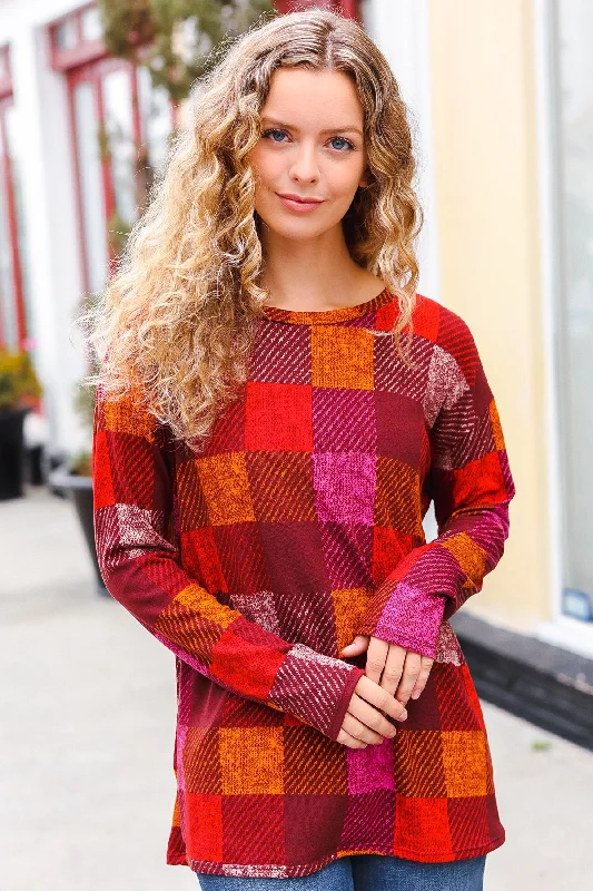 Knitted FallYou Got This Burgundy Checker Plaid Print Hacci Knit Top