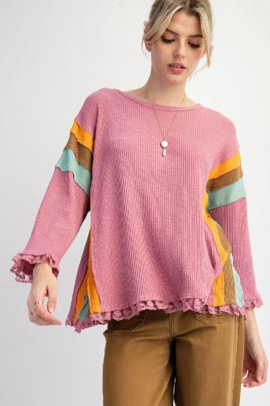 Knit Button-UpEasel Color Block Rib Knit Top With Lace Bottom Hem In Lipstick Pink