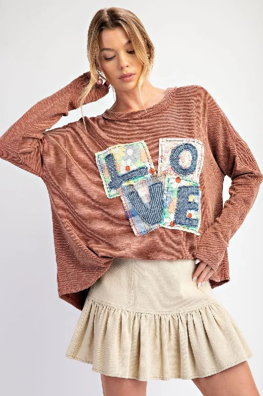 Knit LooseEasel Love Patch Rib Knit Mineral Washed Top In Red Bean