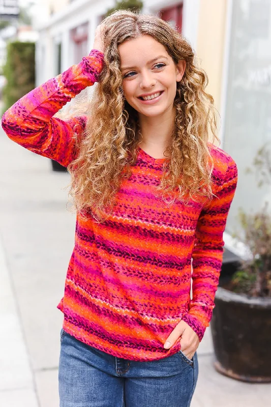 Knit SheerBe Bold Flame & Magenta Striped Cable Knit Print Hacci Top