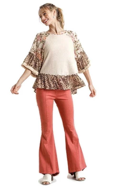 Knit Long SleeveFloral & Animal  Waffle Knit Top, Natural