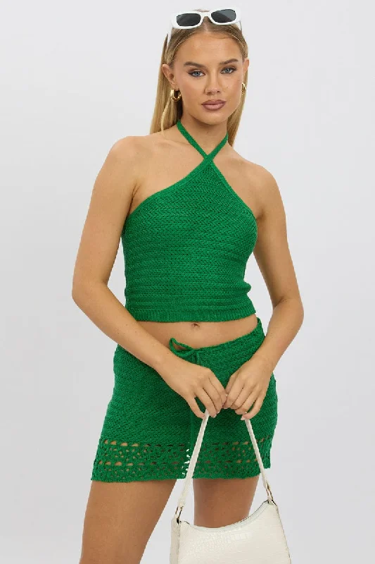 Knitted GraphicGreen Knit Top Halter Neck