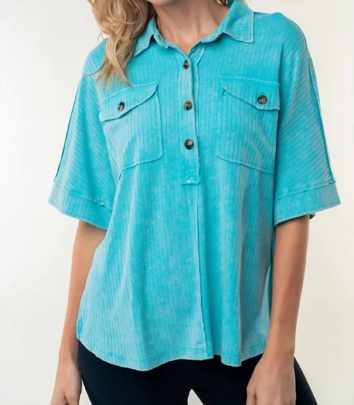 Knit TexturedHalf Sleeve Solid Knit Top In Teal