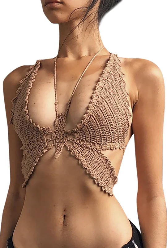 Knitted BeadedBrown Knit Halter Butterfly Top