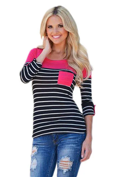 Knit PatternedHot Pink Shoulder Black & White Striped Knit Top