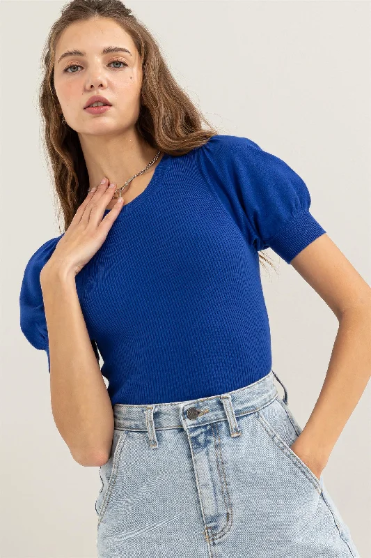 Knit ChunkyHyfve Double Zero Ribbed Puff Sleeve Knit Top In Cobalt