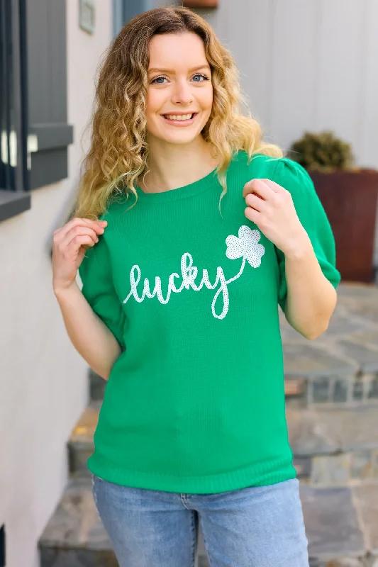 Knit Zip-UpLucky Lady Shamrock Green Sequin Puff Sleeve Knit Top