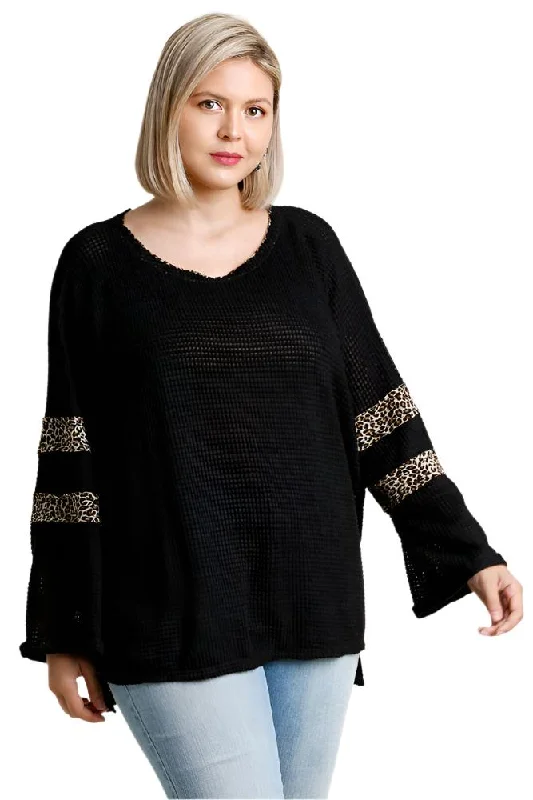 Knit CardiganLeopard Trim Waffle Knit Top, Black