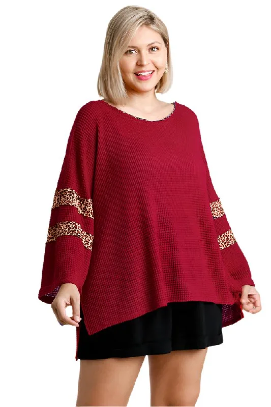 Knitted VestLeopard Trim Waffle Knit Top, Red