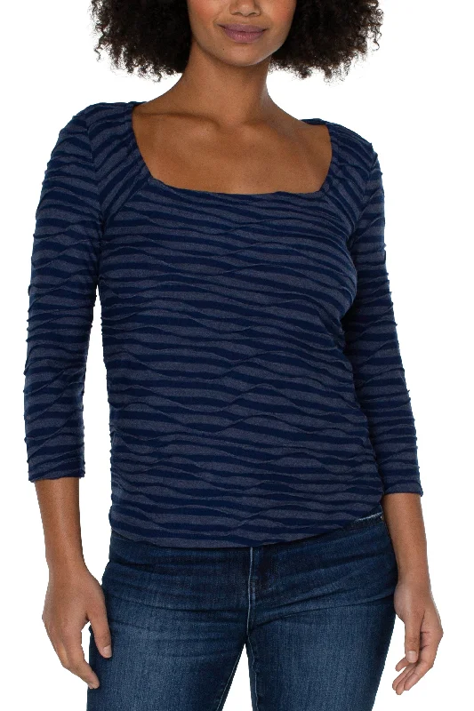 Knitted Polka DotLiverpool Square Neck 3/4 Sleeve Knit Top In Navy Space Dye Stripe