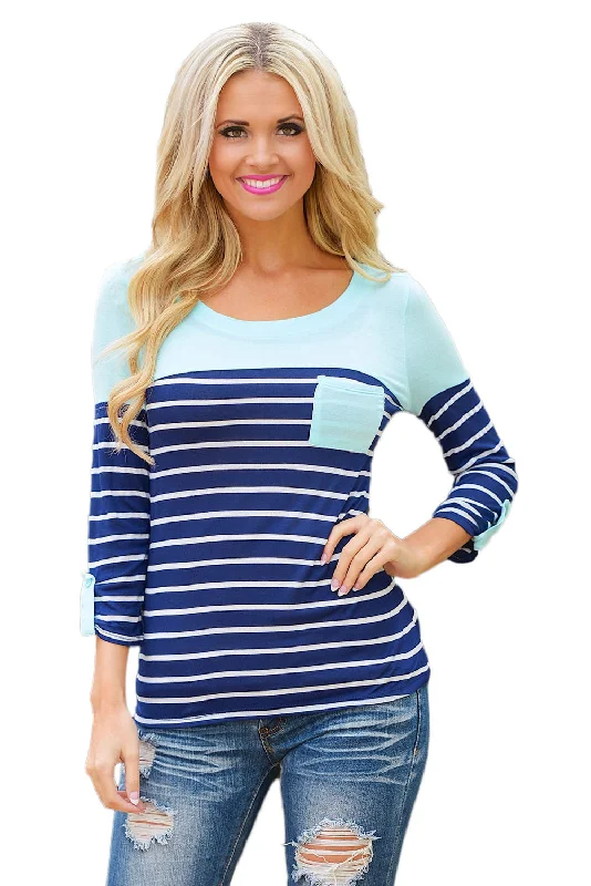 Knitted StripedMint Green Shoulder Blue & White Striped Knit Top