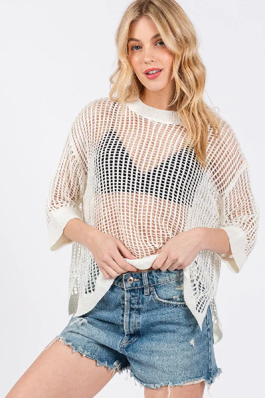 Knitted StripedOFF-WHITE FISHNET DROP SHOULDER KNIT TOP CFTIC13066