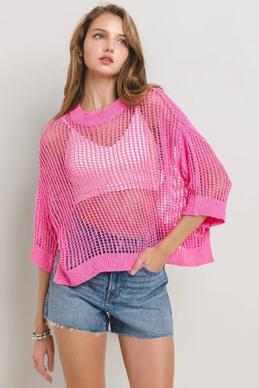 Knit PatternedPINK FISHNET DROP SHOULDER KNIT TOP CFTIC13066