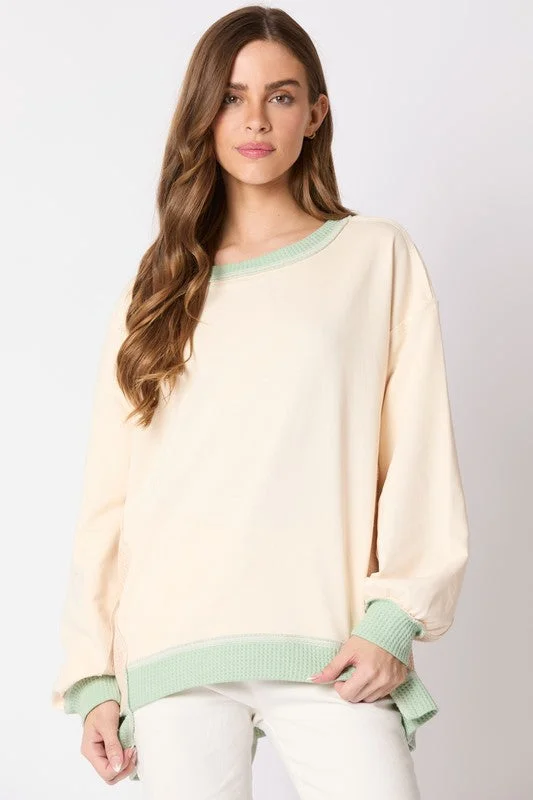 Knit StripedWaffle Knit Details Cream Top