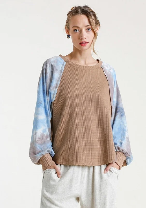 Knit CropWaffle Knit Tie Dye Top, Mocha