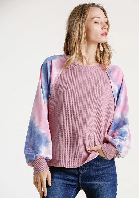 Knitted CropWaffle Knit Tie Dye Top, Rose