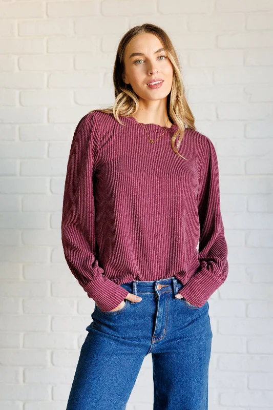 Knit SweaterMineral Wash Ribbed Knit Top in Wine